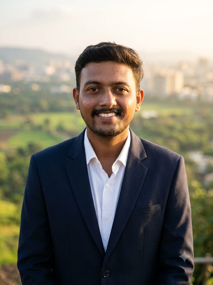 Portrait of Mohan Wakchaure in a navy suit and white shirt, smiling, with green hills behind him